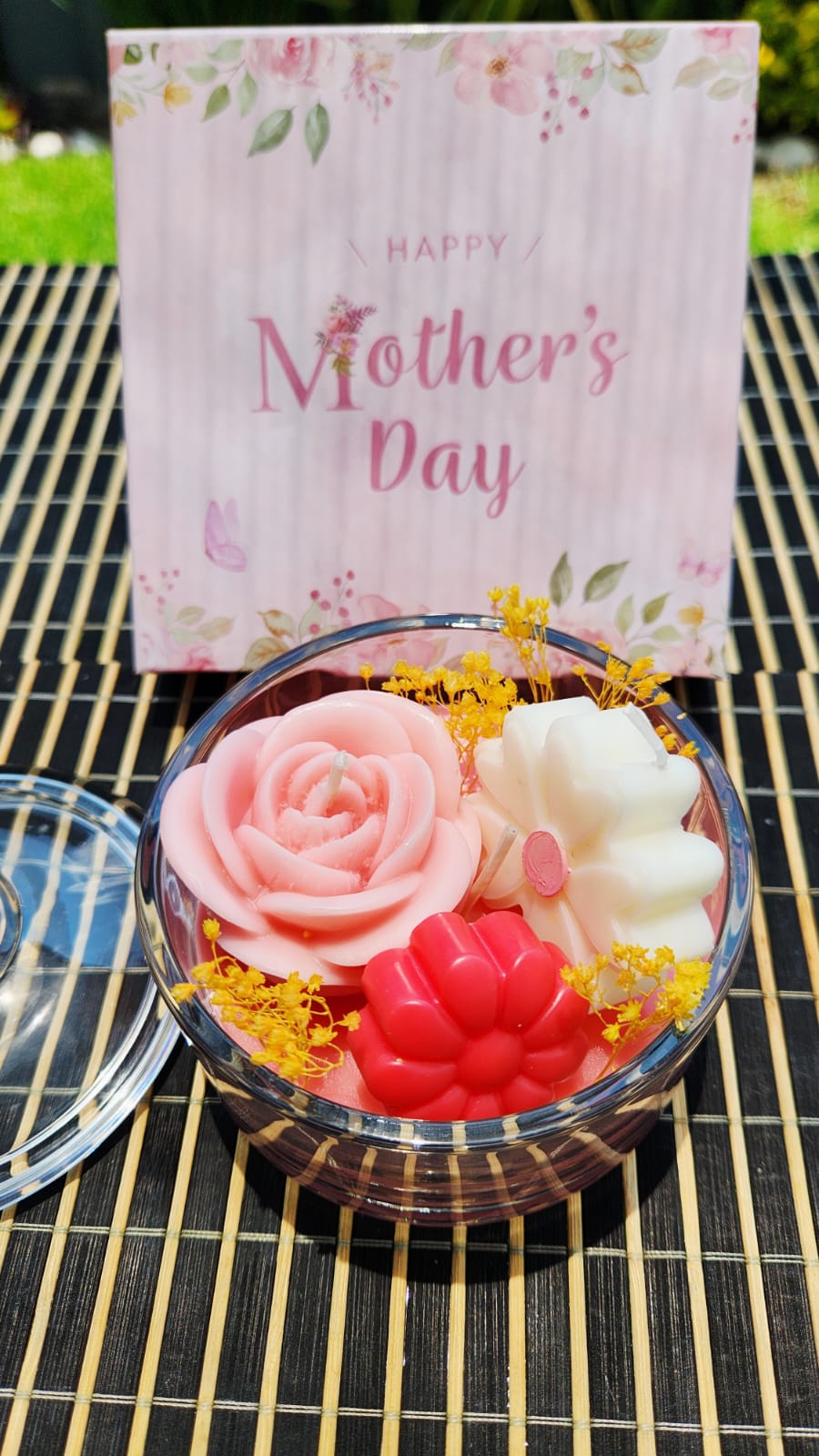 Jardín en cristal set rosa bombonera de vidrio con velas y flores deshidratadas